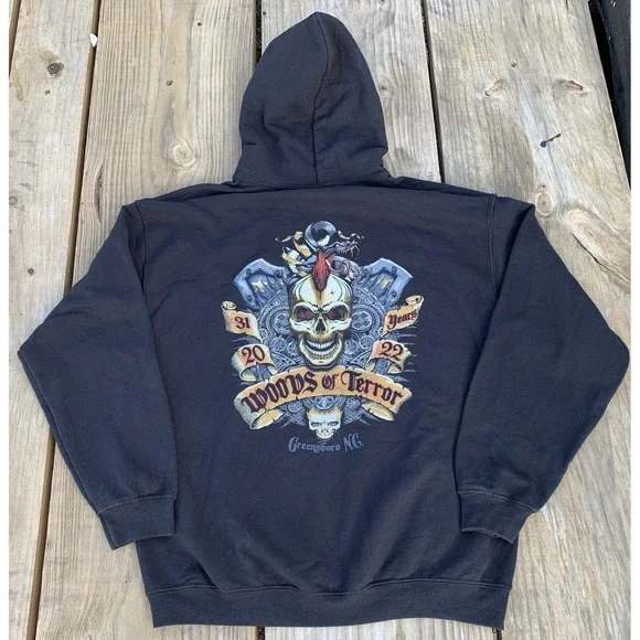 Woods Of Terror Black Hoodie Size L Greensboro NC 2022 31 Years Haunted House - Picture 7 of 7
